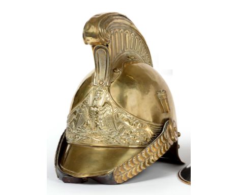 French Brass Fire Helmet 19th Century From Vron Fire Service with crest to front, original metal chin strap and raised comb (
