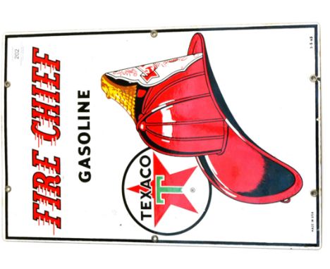 Fire Chief Gasoline Enamel Advertising Sign with helmet and logo on white ground, dated 3/8/63 12x18'', 30x45cm (G-E) 