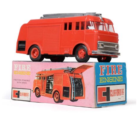 Clifford Series Two Plastic Friction Fire Engines AEC Turntable escape (G box G) Fire Engine with figures inside (E, lacks cr