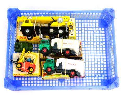 Dinky Two 978 Refuse Wagons both with metallic green cabs and plastic hubs (both E-G, one lacks one plastic bin supports, in 