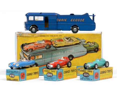 Corgi Gift Set No.16 Ecurie Ecosse Car Transporter And Cars consisting of Transporter with yellow lettering (E-G, some wear t