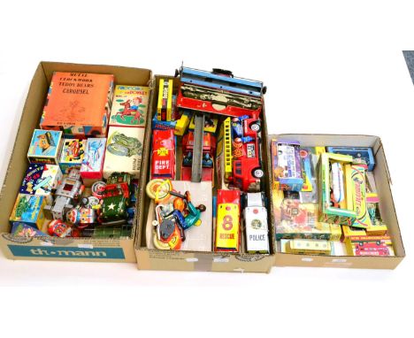 Various Tin Toys including Soviet Motorcycle, K (Japan) F9 Fire engine, Circus Plane, Pinocchio on donkey, other motorcycles 