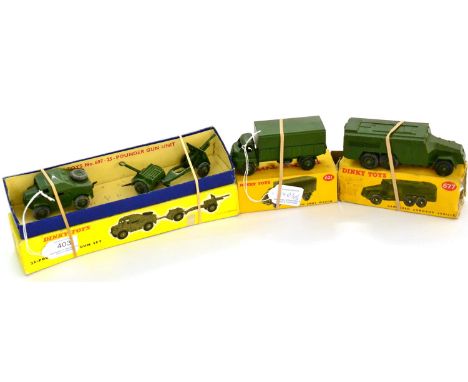 Dinky Military 697 25-pounder Gun unit (G-E box G) 621 3-ton Army wagon (E box G) 677 Armoured command car (G box P) (3) 