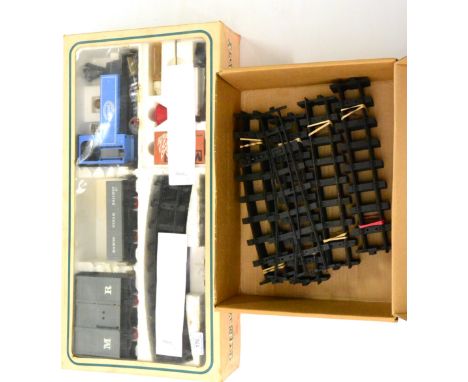Mamod O Gauge Tank Goods Set consisting of 0-4-0T Locomotive, mid blue, MR wagon and open goods van (all E-G box F-G, lid bad