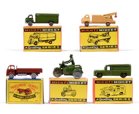 Benbros Mighty Midgets 30 Army wagon 33 Breakdown lorry 38 Military ambulance and 42 Army dispatch motorcycle (on sidecar sup