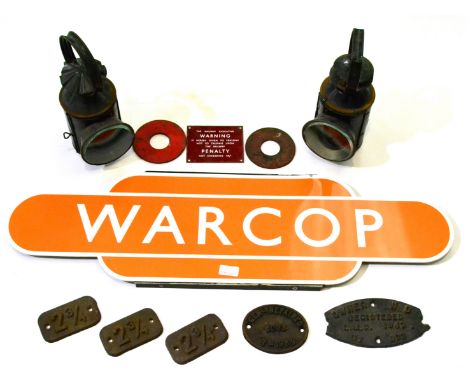 Railway Related Items two BR 3-aspect handlamps, three 2 3/4 weight plates, War Department 'Owner' plate LMS 1943 No.902, two