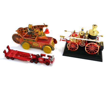 Chad Valley Happyland Fire Service Engine wood with paper decoration 11'', 28cm, together with an adapted Dinky/Corgi model a
