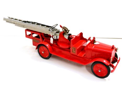 Buddy L Aerial Fire Truck pressed steel, with open cab, bonnet bell, 4-piece extending ladder, CFD logo to side and original 