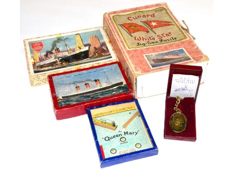 Queen Mary Related Items including Dexterity puzzle, Chad Valley Jigsaw, Academy Jigsaw, Victory Jigsaw and a cased part of t