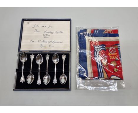 A cased set of six electroplated 'Boy Scouts' teaspoons;&nbsp;together with four Trefoil Guild Girl Guilds badges; and a silk
