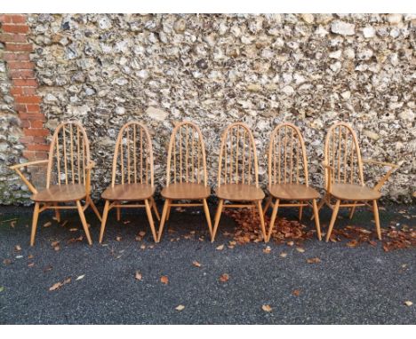 A set of six vintage Ercol 'Quaker' dining chairs, to include a pair of elbow chairs. 