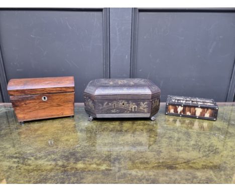 A 19th century Chinese lacquer casket, 27cm wide; together with a Victorian rosewood tea caddy, (a.f.); and a small ebony, po