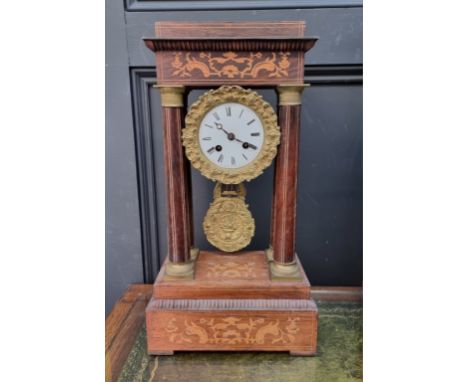 A late 19th century French rosewood and inlaid portico clock,&nbsp;in Empire style, 45.5cm high.&nbsp; 
