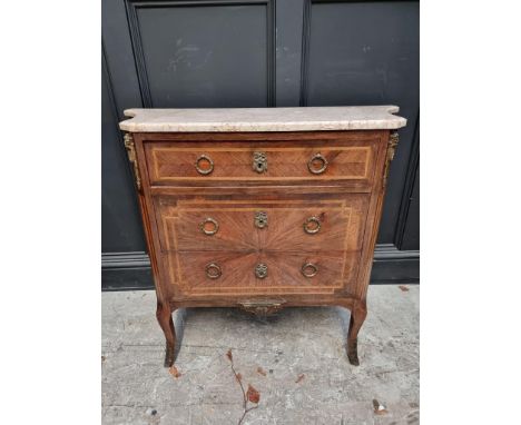 A late 19th century, Louis XV style, mahogany and inlaid marble top commode, with gilt brass mounts, 95.5cm wide, bearing old