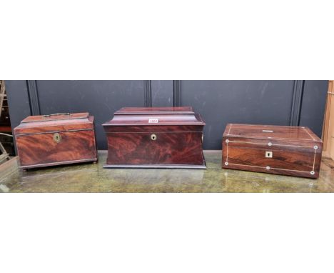 A George III mahogany and chequer strung tea caddy, 24.5cm wide; together with another Victorian mahogany sarcophagus example