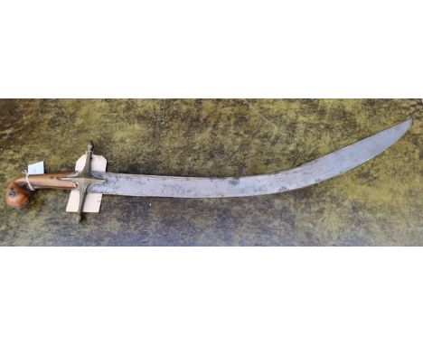 A 19th century Ottoman tulwar,&nbsp;with 67cm curved blade, no scabbard, bearing label inscribed 'This sword was used by Majo