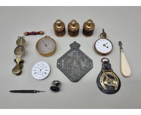 A mixed lot, to include a gilt brass pocket barometer; sovereign scales; etc.&nbsp; 