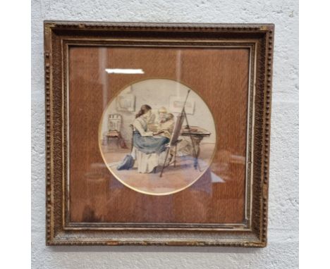 English School, a lady at an easel, indistinctly inscribed, watercolour, 18.5cm diameter; together with another small waterco