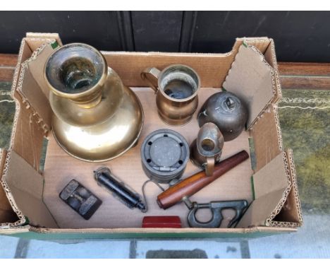 A mixed group of metalware and similar, to include an unusual brass candlestick, 21cm high.&nbsp; 
