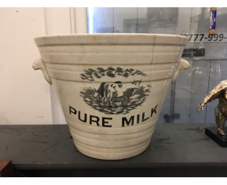 Late Victorian milk pail, Pure Milk, a stoneware freestanding 8 gallon milk bucket made by H King &amp; Son, Norhtcross road 