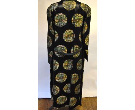 A gentleman's Chinese black satin dressing gown embroidered with stitched roundels, to/w a vintage university gown (2)