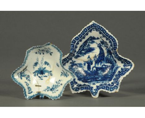 A Caughley leaf shaped pickle dish, underglazed blue decorated with a fisherman pattern, circa 1780, length 11.2 cm, and a sm