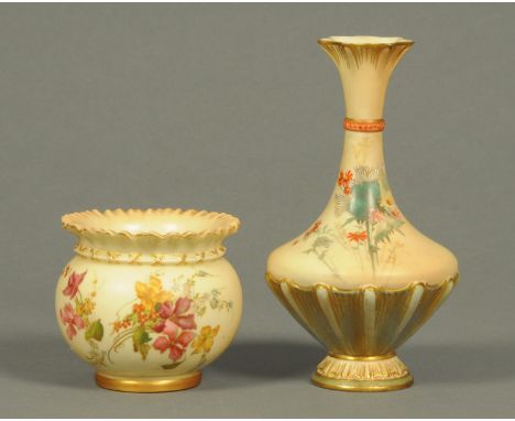 Two Royal Worcester vases, each decorated with floral motifs to blush ground and with green printed marks to base.  Tallest 1