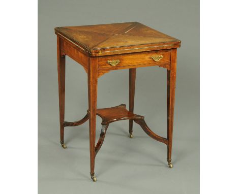 An Edwardian inlaid mahogany square envelope card table, fitted with a frieze drawer and raised on tapered legs of square sec