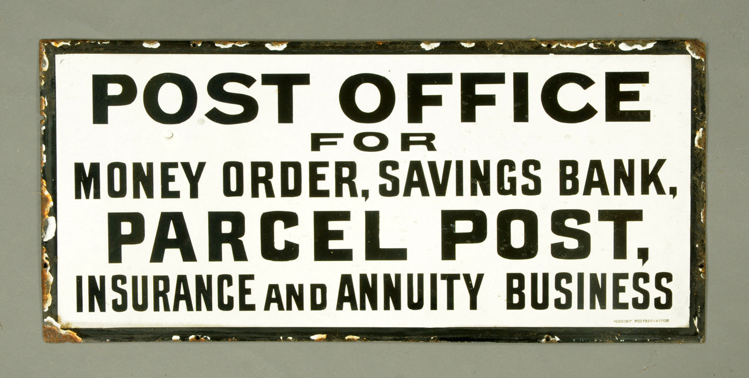 A vintage Post Office sign, black and white enamelled, maker Cheomo