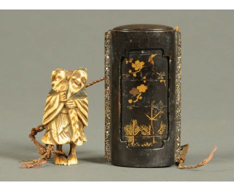 A Japanese lacquer five case inro, and a carved ivory netsuke male figure.  Inro width 85 mm (see illustration). 