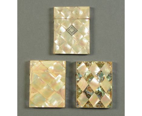 Three Victorian mother of pearl card cases, one with abalone, another with silver coloured metal panel and one plain,  Larges