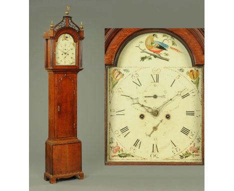 A George III longcase clock by Bancroft of Scarbro, with fretwork pediment, arched painted dial, two-train striking movement,