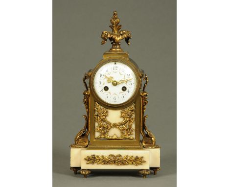 A late 19th century French gilt brass and marble mantle clock, with two-train striking movement and ceramic dial.  Height 33 