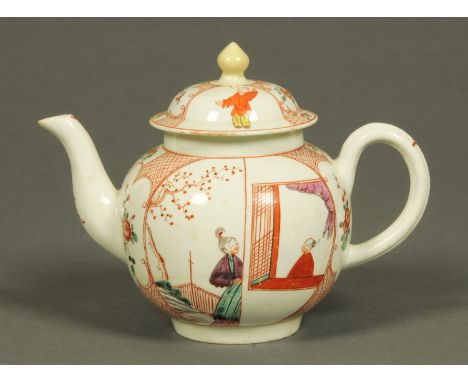 A Worcester "Boy at The Window" teapot and cover, globular form, polychrome, decorated with Oriental figures.  Height 14 cm. 