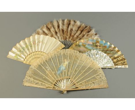 Four fans, ivory and satin, mother of pearl with painted Arabian scene, mother of pearl with girl on swing, signed "A. Cottin