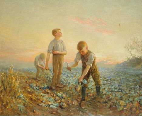 John Dalzell Kenworthy (1858-1954), oil painting on canvas, "Turnip Cutting".  88 cm x 105 cm, framed, signed (see illustrati