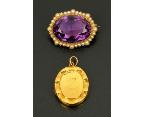 An amethyst brooch, with seed pearl surround to gold coloured metal mount, 25 mm x 21 mm, and a Pinchbeck locket.  
