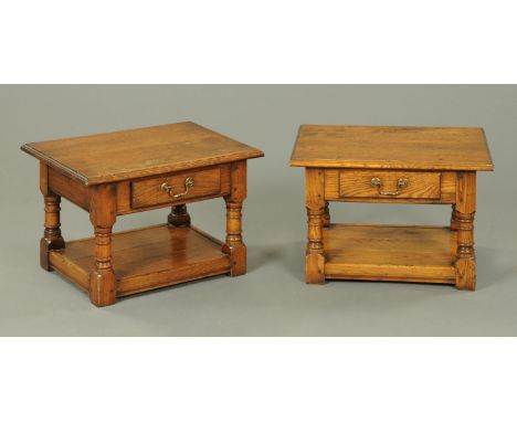 A pair of oak bedside tables, rectangular, each fitted with a single drawer with bras drop handle and raised on turned legs u