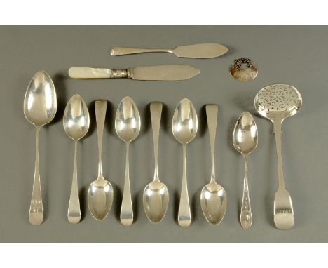 A collection of silver flatware, including sifting spoon, London 1840, six silver teaspoons, London 1892, silver and mother o