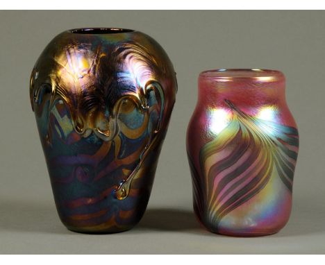 A Ditchfield Glasform pink opalescent vase, with signature and number 5704, height 18 cm, and a larger example, also signed a