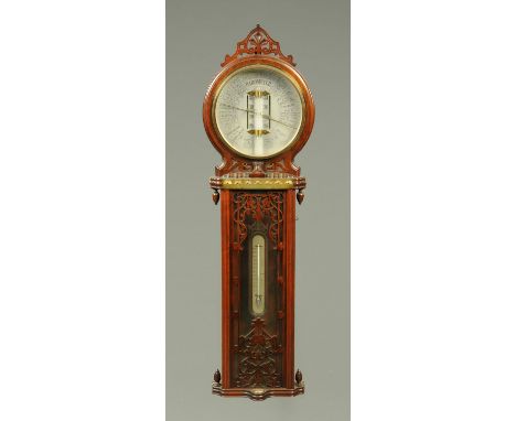 A Victorian mahogany American forecast barometer, by Joseph Davis & Co., Kennington Park Road, London, with blind fretwork ca