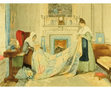 W. Dendy Sadler, coloured print, patchwork quilt, 1898.  40 cm x 53 cm, framed.