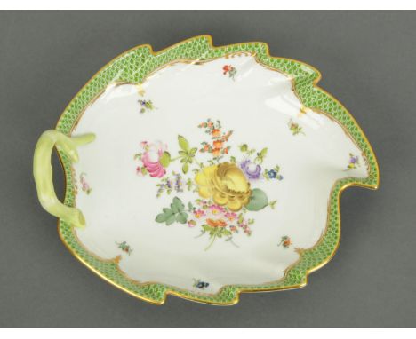 A Herend leaf dish, green scale border, blue printed mark.  Length 24 cm. 