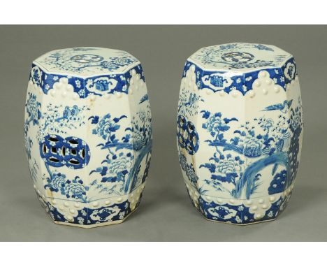 A pair of Chinese blue and white octagonal garden seats.  Height 45 cm.  CONDITION REPORT: These are modern reproductions and