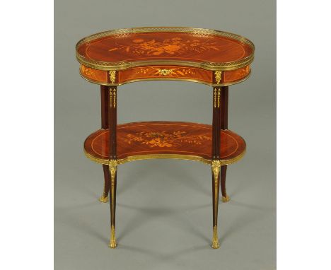 An Edwardian floral marquetry kidney shaped two tier side table, fitted with a frieze drawer and with gilt brass mounts, rais