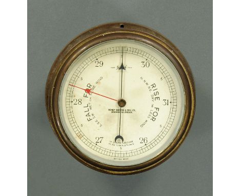 A 19th century brass cased barometer, by Henry Browne & Son Ltd., Barking & London.  Diameter 18.5 cm. 