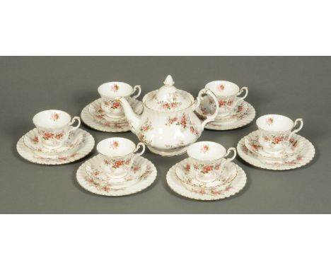 A Royal Albert Lavender Rose tea set, teapot, 6 cups, 6 saucers and 6 plates.  CONDITION REPORT: The teapot has a small insid