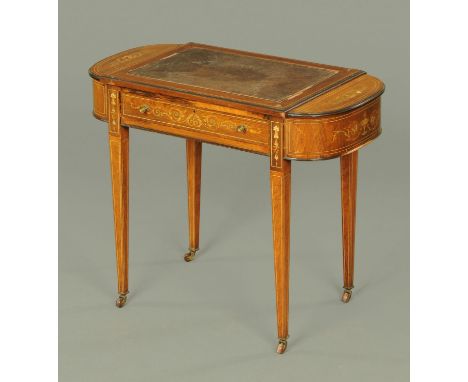 An Edwardian inlaid rosewood desk, with tooled leather writing surface flanked on either side by a hinged stationery and pen 