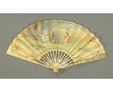 A 19th century French mother of pearl and handpainted fan.
