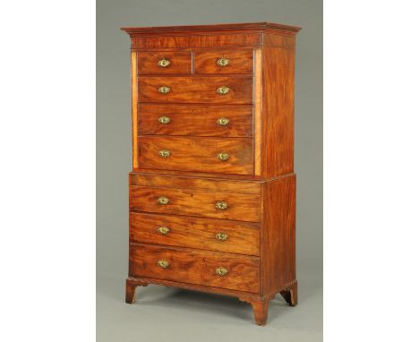 A George III mahogany tallboy, in two sections, the top half with moulded cornice above two short and three long graduated dr